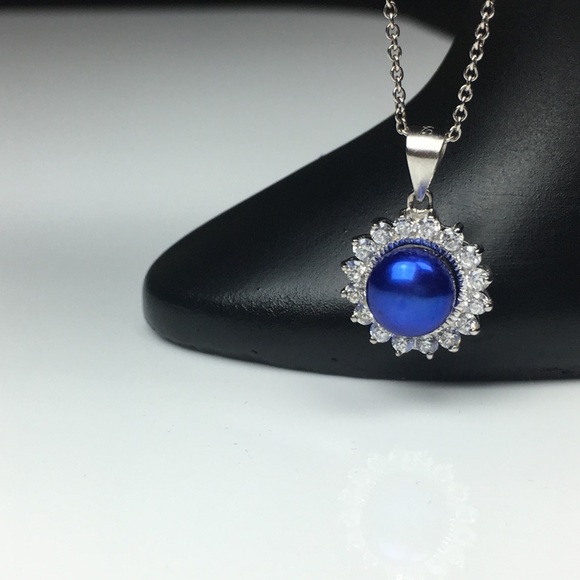 925 Silver Blue Pearl CZ Crystal Pendant Necklace - Picture 3 of 7